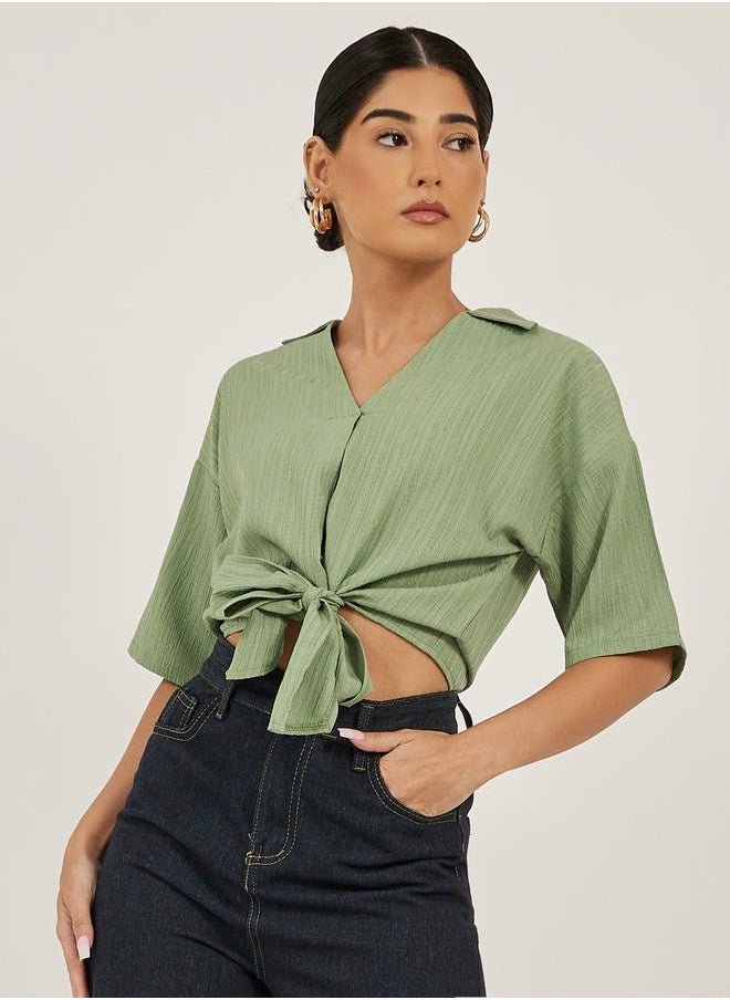 Styli - Textured V-Neck Tie-Up Detail Top - Image 1