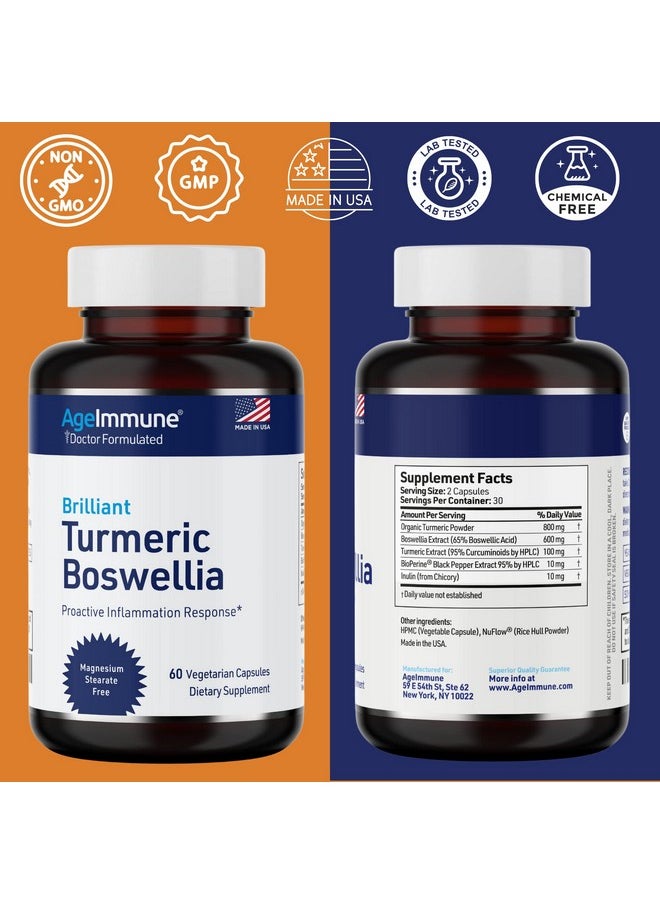 AgeImmune - Turmeric Curcumin (800Mg) And Boswellia Serrata (600Mg) Herbal Supplement With Black Pepper As Bioperine Inulin And Turmeric 95% Extract (100Mg) For Healthy Inflammation Response. (60 Capsules) - Image 1