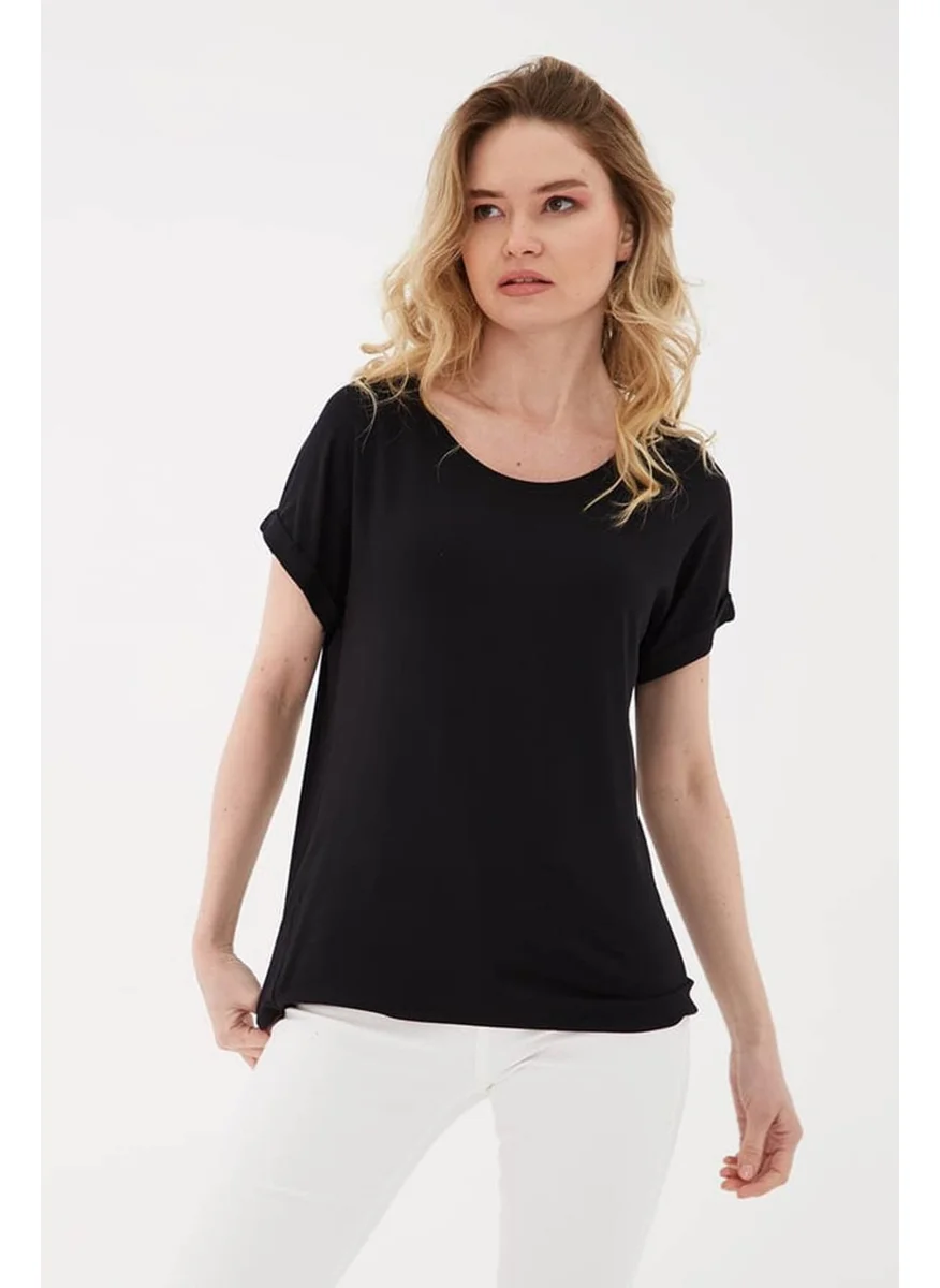 Fashion Friends Crew Neck Flowy Viscose Black Women's T-Shirt 25Y0194K1