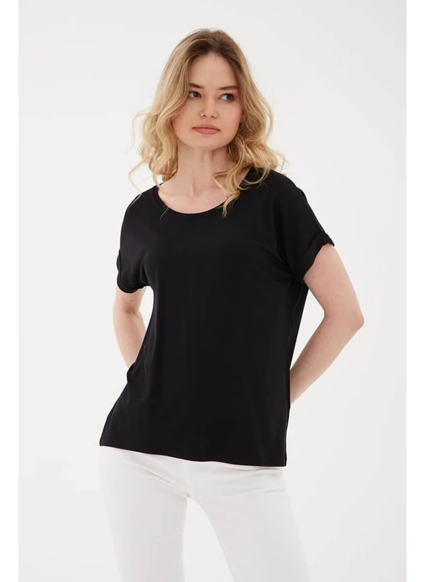Fashion Friends Crew Neck Flowy Viscose Black Women's T-Shirt 25Y0194K1