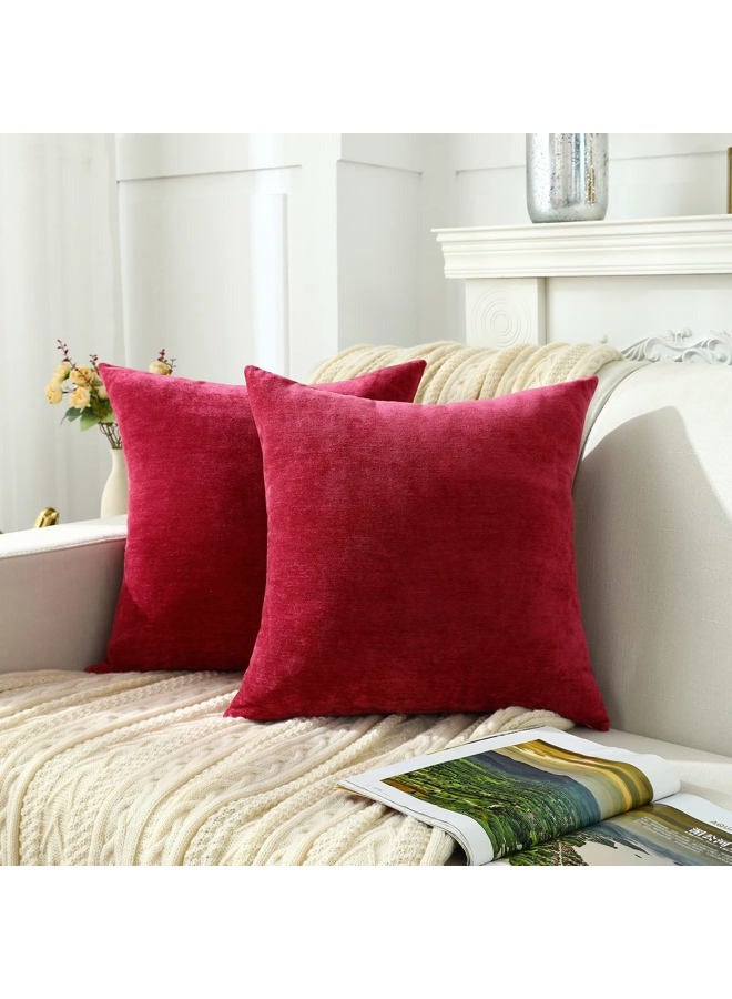 Jeneoo Decorative Bright Red Throw Pillow Covers Rustic Farmhouse Super Soft Square Chenille Comfy Solid Santa Cushion Couch Cases (Set of 2, 18 x 18 Inches) - Image 2