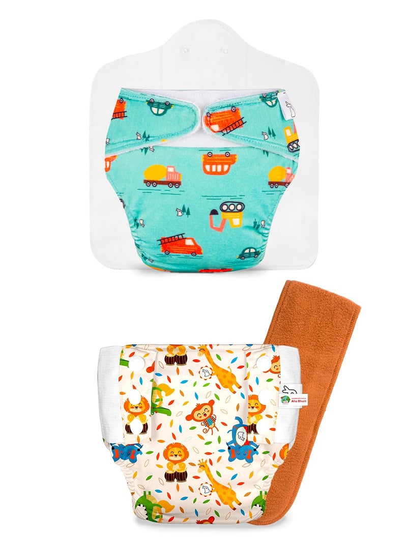 SuperBottoms Little Wheels Freesize UNO Supersoft Cloth Diaper with Velcro + Jungle Beats UNO Cloth Diaper Pants + 1 DryFeel Magic Pad - Reusable Freesize Combo - Image 2
