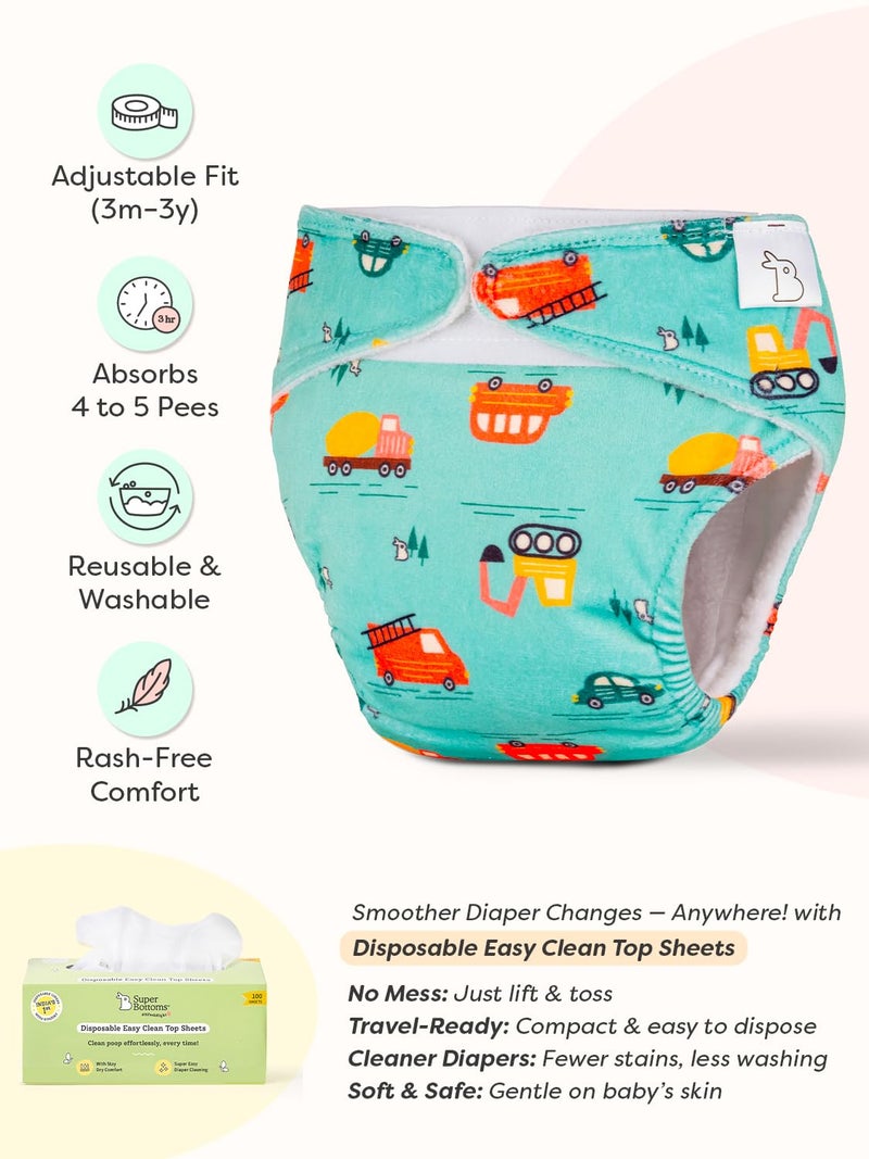 SuperBottoms Little Wheels Freesize UNO Supersoft Cloth Diaper with Velcro + Jungle Beats UNO Cloth Diaper Pants + 1 DryFeel Magic Pad - Reusable Freesize Combo - Image 3
