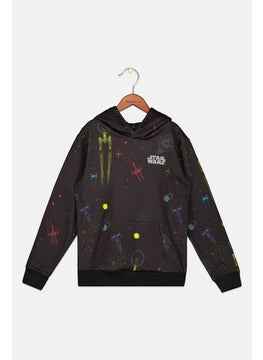 Kids Boy Long Sleeve Allover Print Hoodie, Black