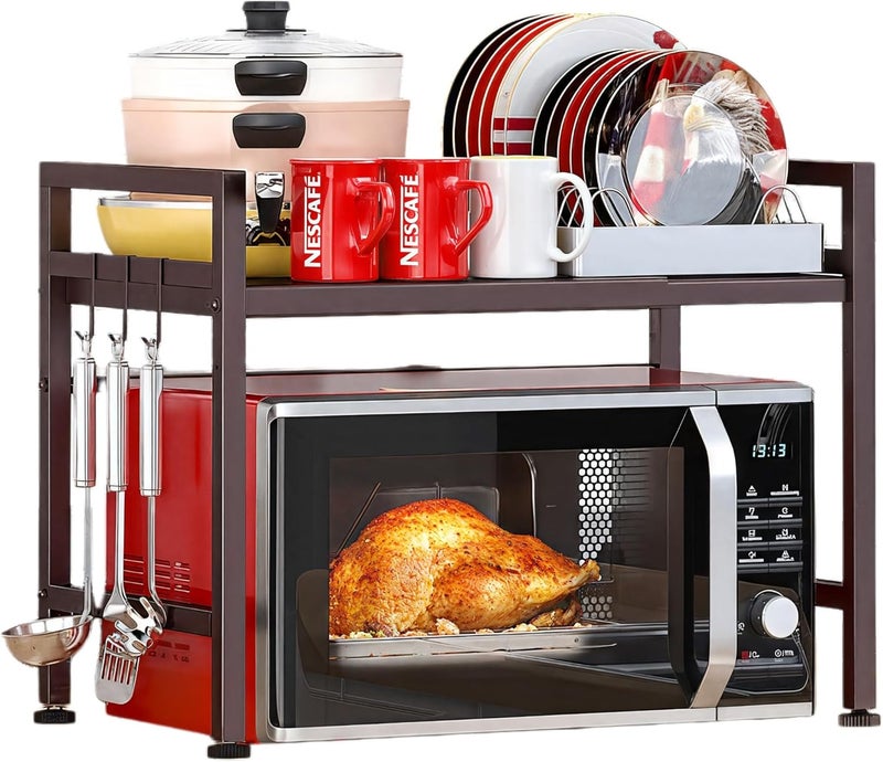 PUSDON Extendable Microwave Oven Rack, Adjustable Microwave/Toaster Shelf Heavy Duty Stand Kitchen Counter Top Organizer, 2 Tier with 3 Hooks, 160lbs Weight Capacity, Bronze - Image 1