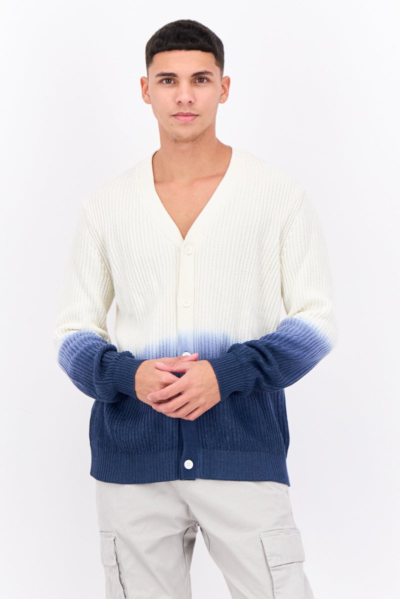 PERRY ELLIS Men V-Neck Two-Tone Cardigan, Off White - Image 1