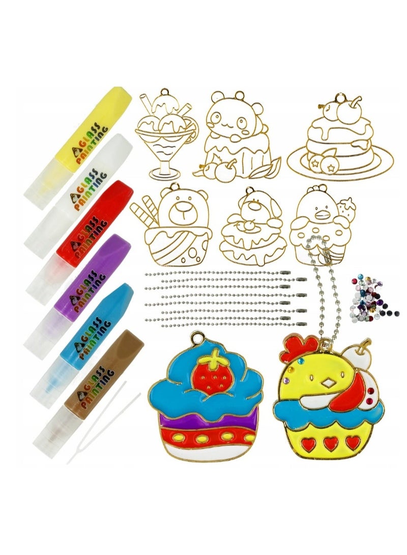 Glass Painting Kit for Kids, 6 Glue Pens, Keychain Charms, Cute Dessert Theme, Ages 3] - Image 4