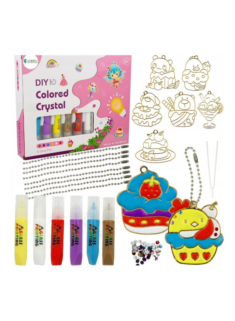 Glass Painting Kit for Kids, 6 Glue Pens, Keychain Charms, Cute Dessert Theme, Ages 3] - Image 5