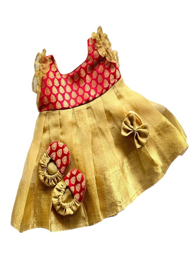 Picksparrow Baby Girl Taffeta Silk - Tissue Silktraditional Birthday Dress/Festive Indianwear With Headband And Booties (0-3 Months, Red), Midi, Fit And Flare - Image 1