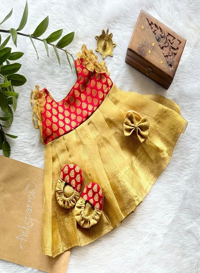Picksparrow Baby Girl Taffeta Silk - Tissue Silktraditional Birthday Dress/Festive Indianwear With Headband And Booties (0-3 Months, Red), Midi, Fit And Flare - Image 2