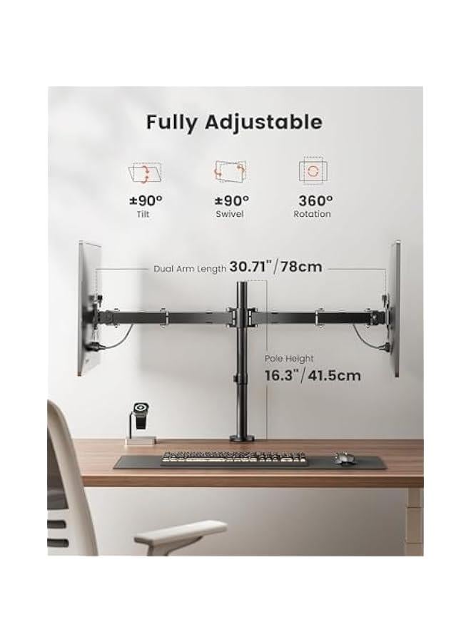 HOOKOR Dual Monitor Desk Mount, Heavy Duty Fully Adjustable Steel Stand, Holds 2 Computer Screens up to 30 inches and Max 22lbs Each, Gaming Monitor Stand with Clamp and Grommet Mounting Base - Image 2