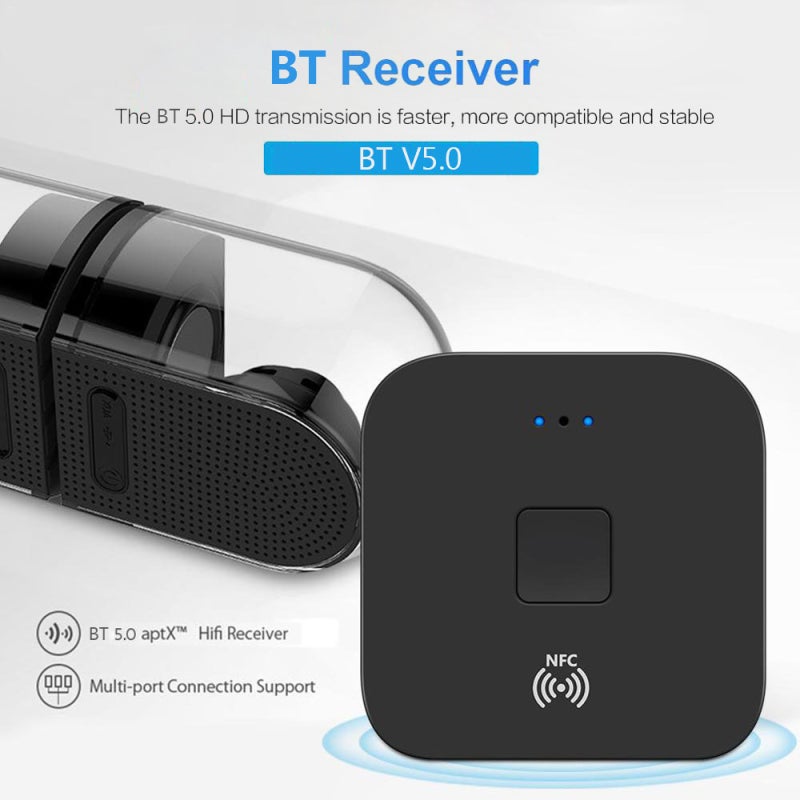 Bluetooth 5.0 Receiver: Black, BT 5.0 & NFC Connection, Built-in Microphone - Hands-free Call, Dual Audio Port Wireless Audio Receiver for Car, Home Speakers, Wired Headphones - Image 5