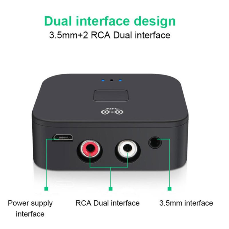 Bluetooth 5.0 Receiver: Black, BT 5.0 & NFC Connection, Built-in Microphone - Hands-free Call, Dual Audio Port Wireless Audio Receiver for Car, Home Speakers, Wired Headphones - Image 3
