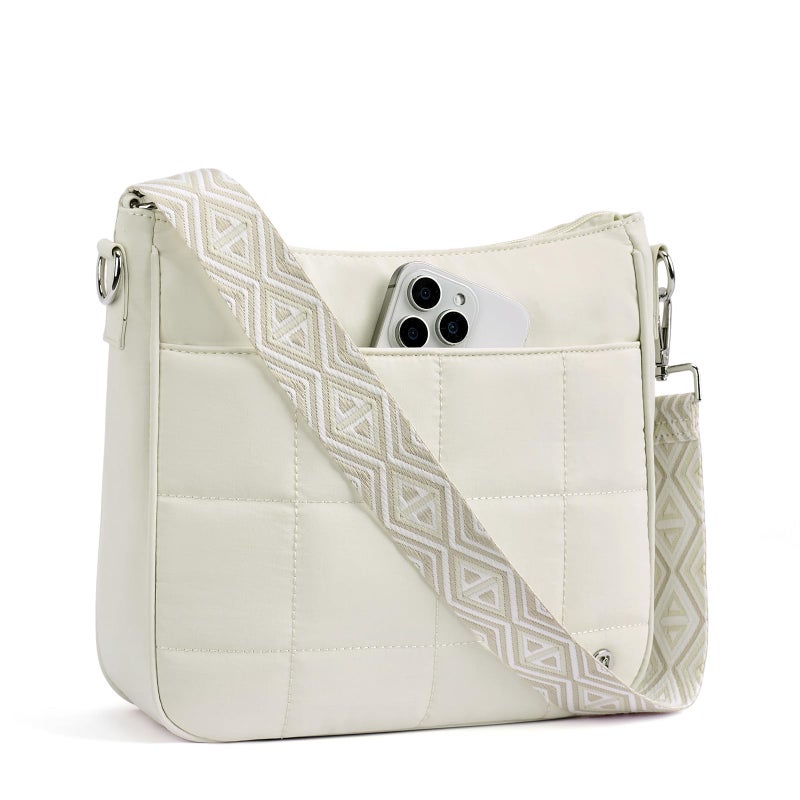 Lexiyat Anti Theft Crossbody Bags for Women,Quilted Puffer Travel Purses Shoulder Hobo Bag Handbag with Guitar Strap Beige - Image 1