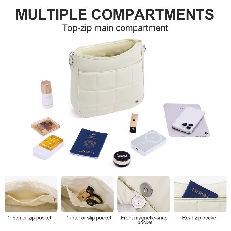 Lexiyat Anti Theft Crossbody Bags for Women,Quilted Puffer Travel Purses Shoulder Hobo Bag Handbag with Guitar Strap Beige - Image 3