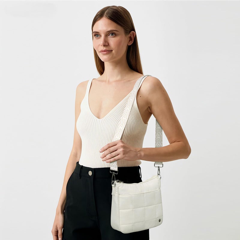 Lexiyat Anti Theft Crossbody Bags for Women,Quilted Puffer Travel Purses Shoulder Hobo Bag Handbag with Guitar Strap Beige - Image 2