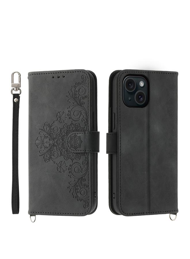 erorex Case For iPhone 15 Skin-feel Flowers Embossed Wallet Leather Phone Case - Image 1