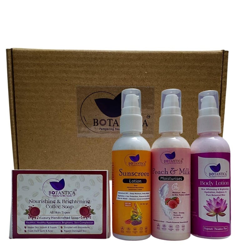 BOTANTICA Skincare Starter Kit Skincare Beginners Moisturized And Glowing Skin With Refreshing coffee soap 100gm peachNourishing Moisturizer 100ml Glow Sunscreen 100Ml brightenting lotus body lostion 100ml Men Women All Skin Types - Image 1