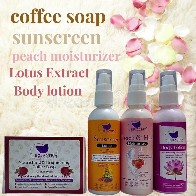 BOTANTICA Skincare Starter Kit Skincare Beginners Moisturized And Glowing Skin With Refreshing coffee soap 100gm peachNourishing Moisturizer 100ml Glow Sunscreen 100Ml brightenting lotus body lostion 100ml Men Women All Skin Types - Image 2