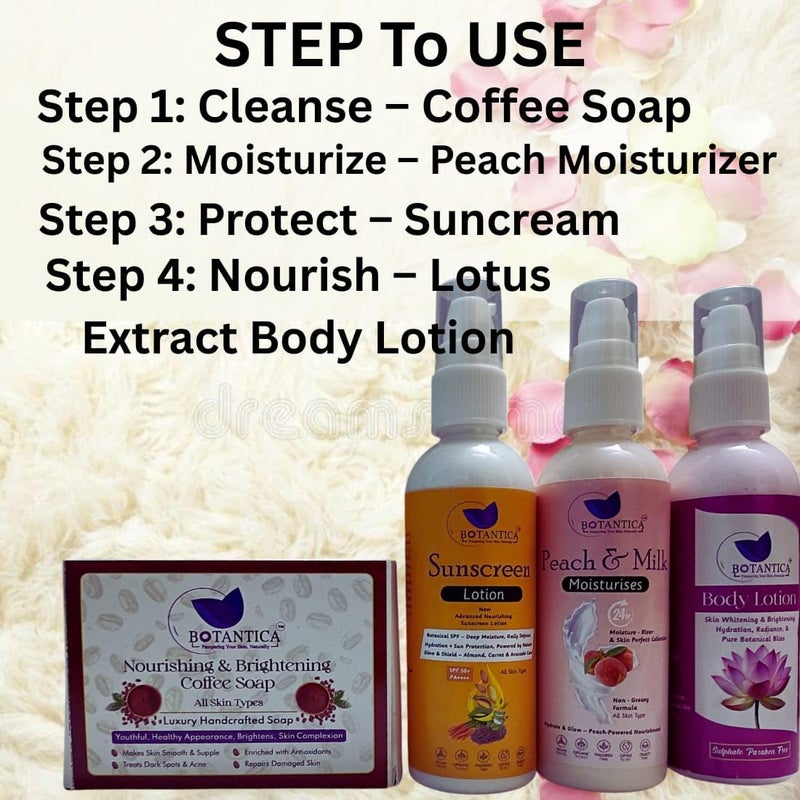 BOTANTICA Skincare Starter Kit Skincare Beginners Moisturized And Glowing Skin With Refreshing coffee soap 100gm peachNourishing Moisturizer 100ml Glow Sunscreen 100Ml brightenting lotus body lostion 100ml Men Women All Skin Types - Image 4