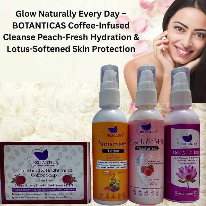 BOTANTICA Skincare Starter Kit Skincare Beginners Moisturized And Glowing Skin With Refreshing coffee soap 100gm peachNourishing Moisturizer 100ml Glow Sunscreen 100Ml brightenting lotus body lostion 100ml Men Women All Skin Types - Image 3