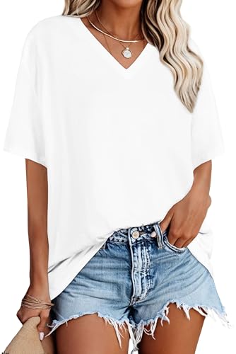 rosemia Oversized Tshirts for Women V Neck Short Sleeve Summer Casual Basic Loose Tops, Pure White, XL - Image 1