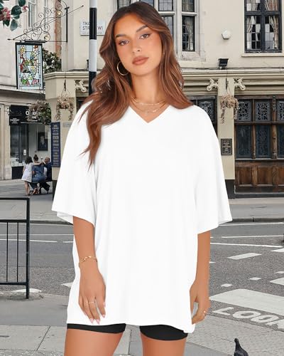 rosemia Oversized Tshirts for Women V Neck Short Sleeve Summer Casual Basic Loose Tops, Pure White, XL - Image 5