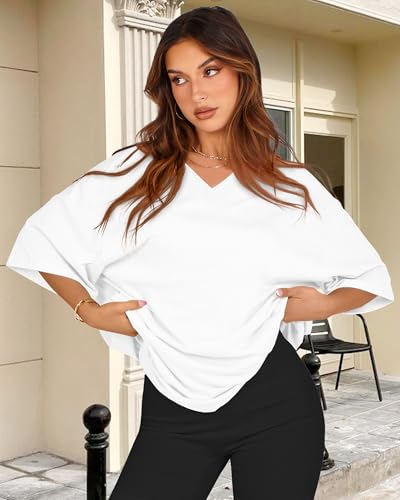 rosemia Oversized Tshirts for Women V Neck Short Sleeve Summer Casual Basic Loose Tops, Pure White, XL - Image 4