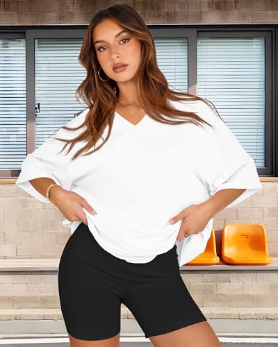 rosemia Oversized Tshirts for Women V Neck Short Sleeve Summer Casual Basic Loose Tops, Pure White, XL - Image 2