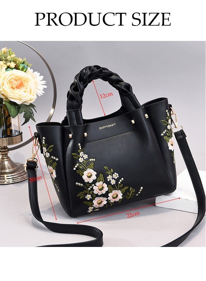 DUNISO Women's Embroidery Handbag Faux Leather Crossbody Bag For Women Large Capacity Tote Bags Top Handle Satchel Fashionable Travel Shoulder Bag For Ladies - Image 4