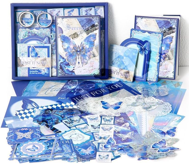 GDNK Scrape Book Kit Scrapbooking Kit Vintage Journal Scrapbook Pack DIY Paper Stickers, Craft Kits Notebook, Collage Album Aesthetic Sticker Journaling Scrapbook Photo Album (Blue Butterfly) - Image 1