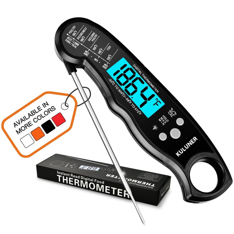 KULUNER TP01 Waterproof Digital Instant Read Meat Thermometer with 46 Folding Probe Backlight Calibration Function for Cooking Food Candy BBQ Grill LiquidsBeefBlack