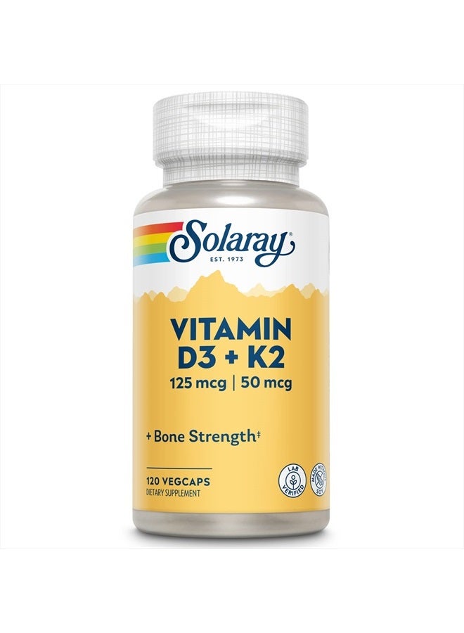SOLARAY Vitamin D3 K2 - Bone Health and Immune Support Supplement - With 5000 IU Vitamin D as Vit D3 and 50 mcg Vitamin K2 as Menoquinone MK7, Made Without Soy, 60-Day Guarantee, 120 Serv, 120 VegCaps - Image 1