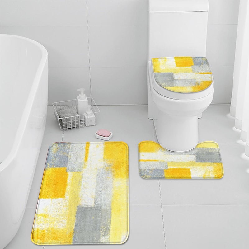 ArtSocket Bathroom Rugs and Mats Set 3 Piece Yellow Grey Abstract Art Painting Absorbent Microfiber Memory Foam Bath Mat Machine Washable Bathroom Floor Mats