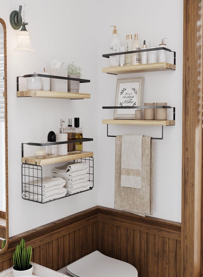 LUDORU Wood Floating Shelves Wall Mounted - 4+1 Tier Rustic Bathroom Wall Shelves Over Toilet with Wire Storage Basket and Towel Bar, Set of 4 Farmhouse Floating Shelf for Bathroom, Kitchen, Bedroom. - Image 3