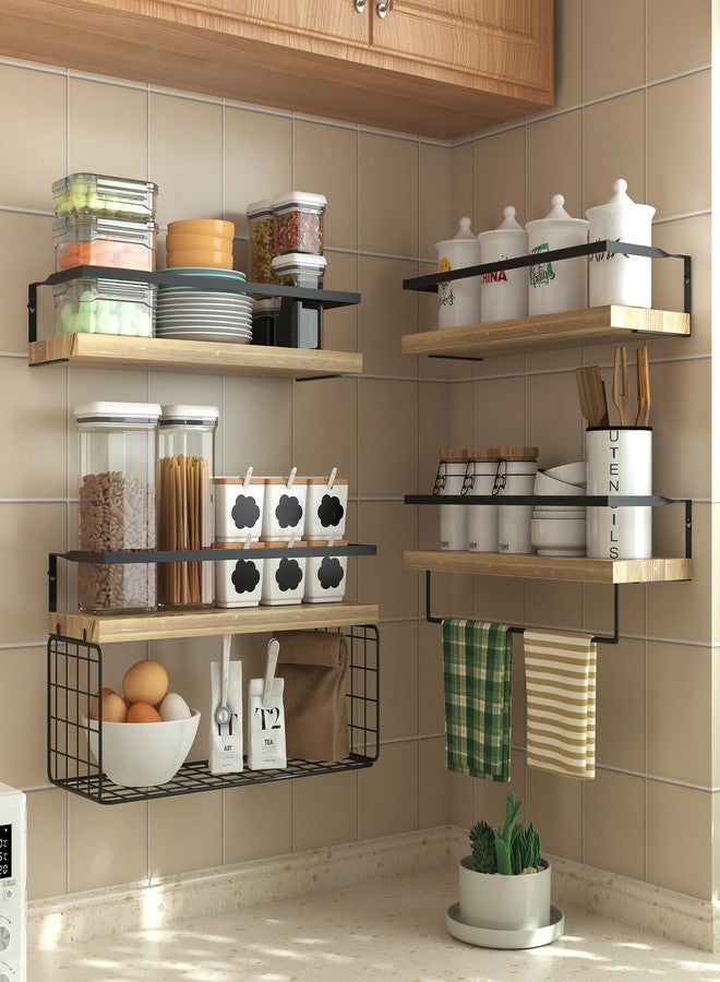 LUDORU Wood Floating Shelves Wall Mounted - 4+1 Tier Rustic Bathroom Wall Shelves Over Toilet with Wire Storage Basket and Towel Bar, Set of 4 Farmhouse Floating Shelf for Bathroom, Kitchen, Bedroom. - Image 4