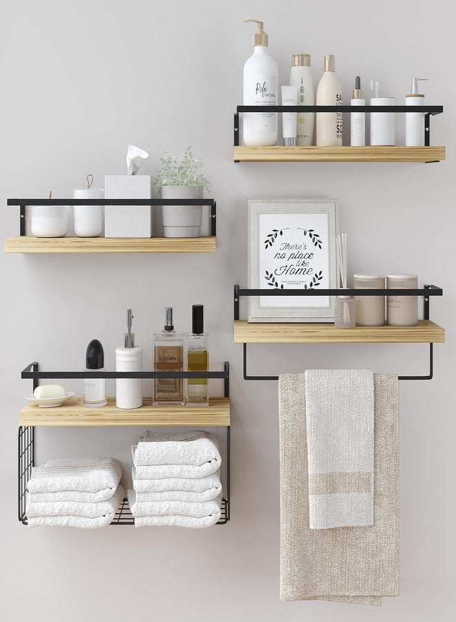 LUDORU Wood Floating Shelves Wall Mounted - 4+1 Tier Rustic Bathroom Wall Shelves Over Toilet with Wire Storage Basket and Towel Bar, Set of 4 Farmhouse Floating Shelf for Bathroom, Kitchen, Bedroom. - Image 1