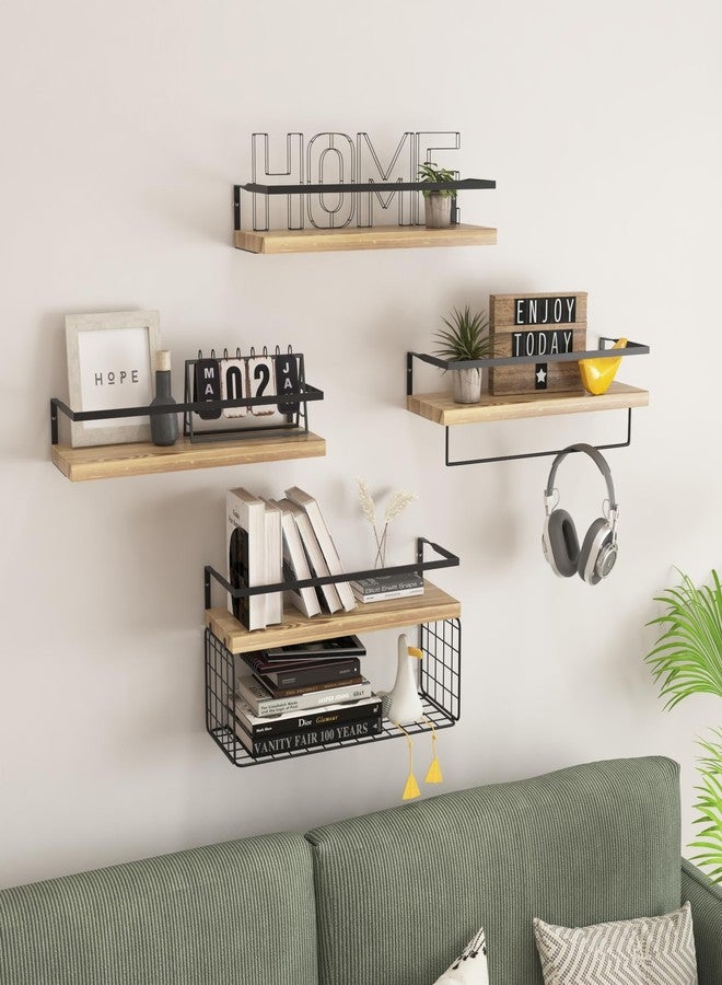 LUDORU Wood Floating Shelves Wall Mounted - 4+1 Tier Rustic Bathroom Wall Shelves Over Toilet with Wire Storage Basket and Towel Bar, Set of 4 Farmhouse Floating Shelf for Bathroom, Kitchen, Bedroom. - Image 5