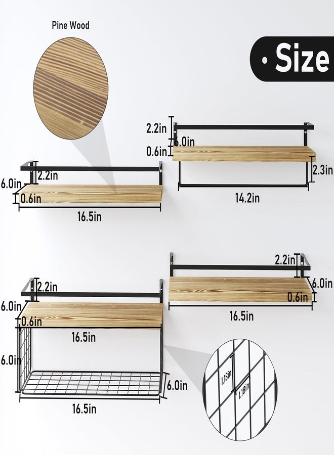 LUDORU Wood Floating Shelves Wall Mounted - 4+1 Tier Rustic Bathroom Wall Shelves Over Toilet with Wire Storage Basket and Towel Bar, Set of 4 Farmhouse Floating Shelf for Bathroom, Kitchen, Bedroom. - Image 2