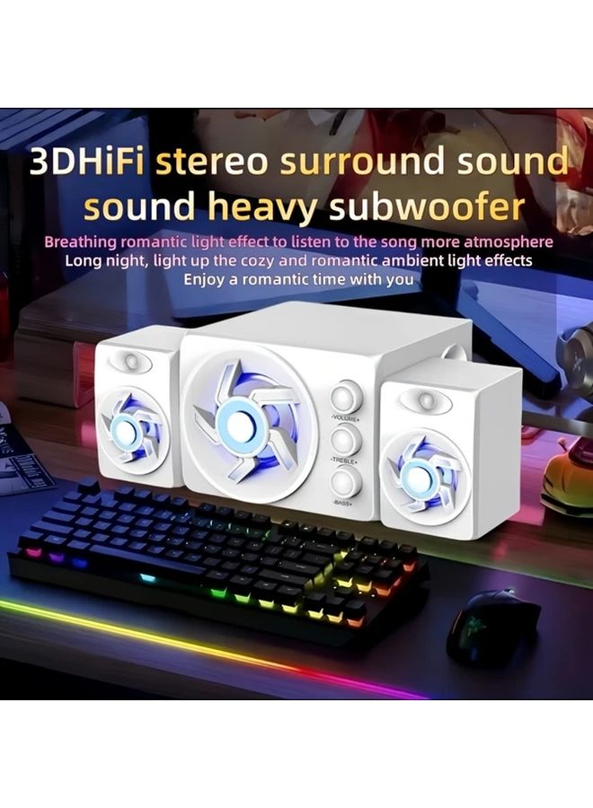 White 3D 3 in 1 Stereo Surround Sound Computer Speaker with 7 Color LED Ambient Light USB Powered - Image 1