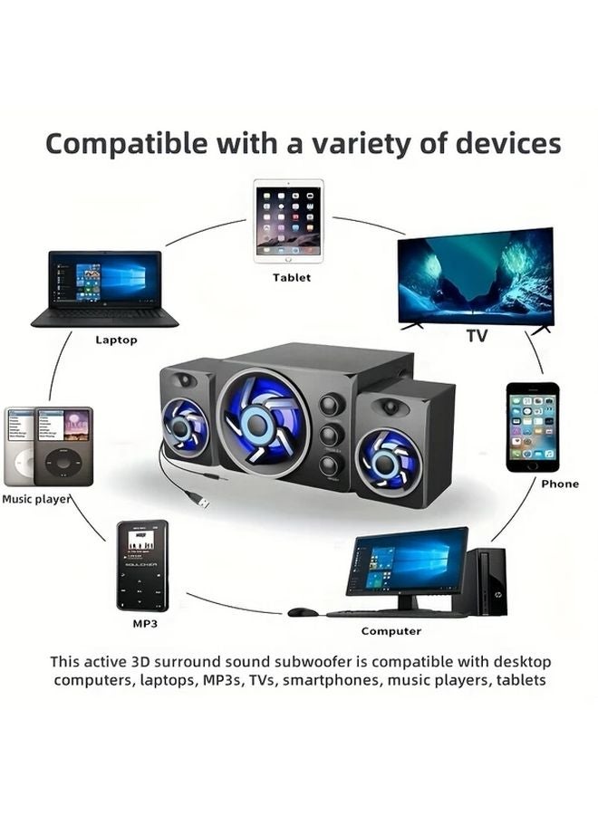 White 3D 3 in 1 Stereo Surround Sound Computer Speaker with 7 Color LED Ambient Light USB Powered - Image 5