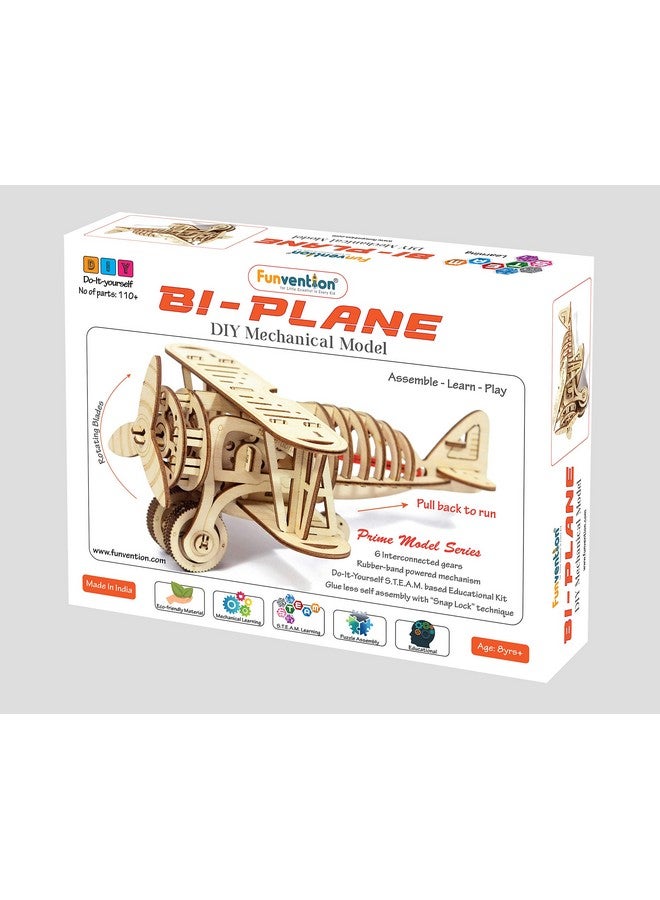 Funvention- for Little Scientist in Every Kid Engineered Wood Biplane -DIY Rubber Band Powered Mechanical Model, Multicolour, 8+ Years - Image 1