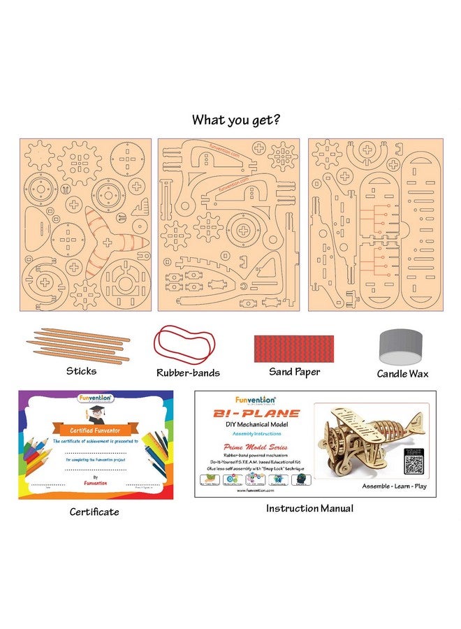 Funvention- for Little Scientist in Every Kid Engineered Wood Biplane -DIY Rubber Band Powered Mechanical Model, Multicolour, 8+ Years - Image 4