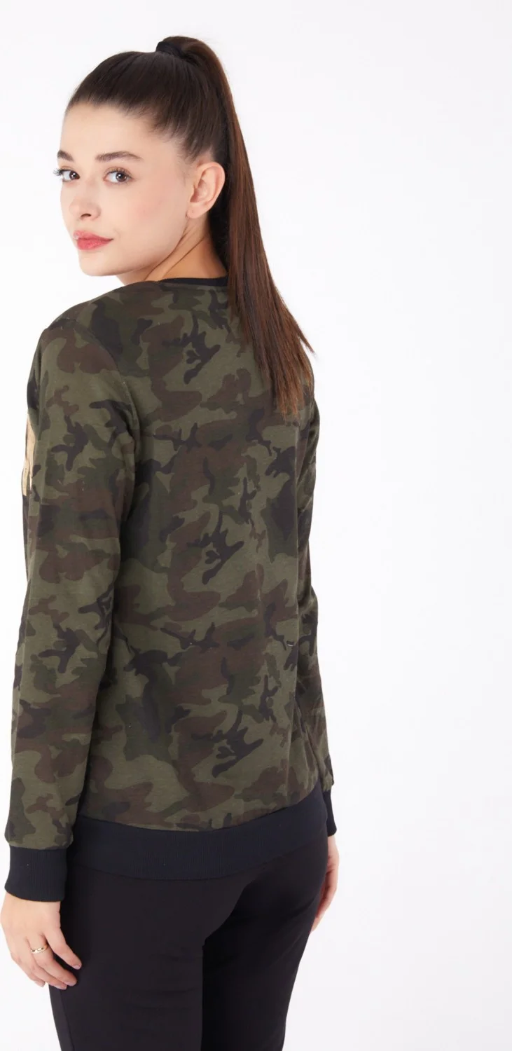 Tofisa Plain Crew Neck Women's Khaki Printed Sweatshirt - 26294