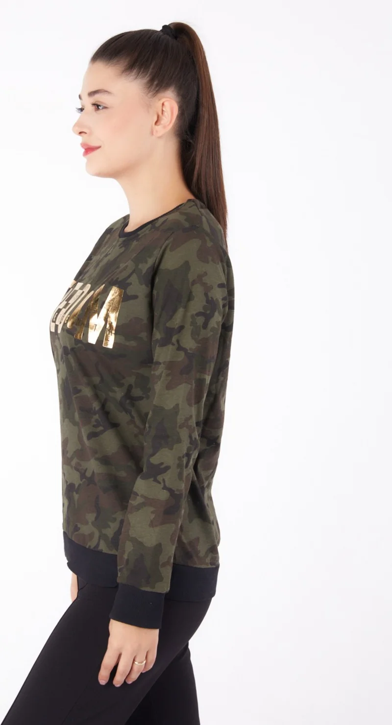 Tofisa Plain Crew Neck Women's Khaki Printed Sweatshirt - 26294