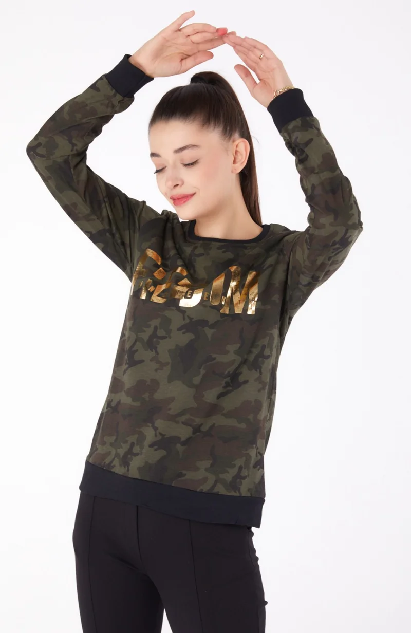 Tofisa Plain Crew Neck Women's Khaki Printed Sweatshirt - 26294