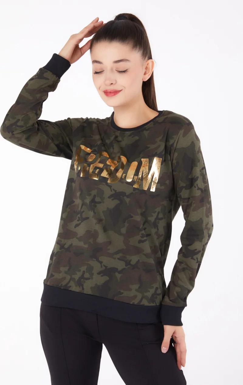Tofisa Plain Crew Neck Women's Khaki Printed Sweatshirt - 26294