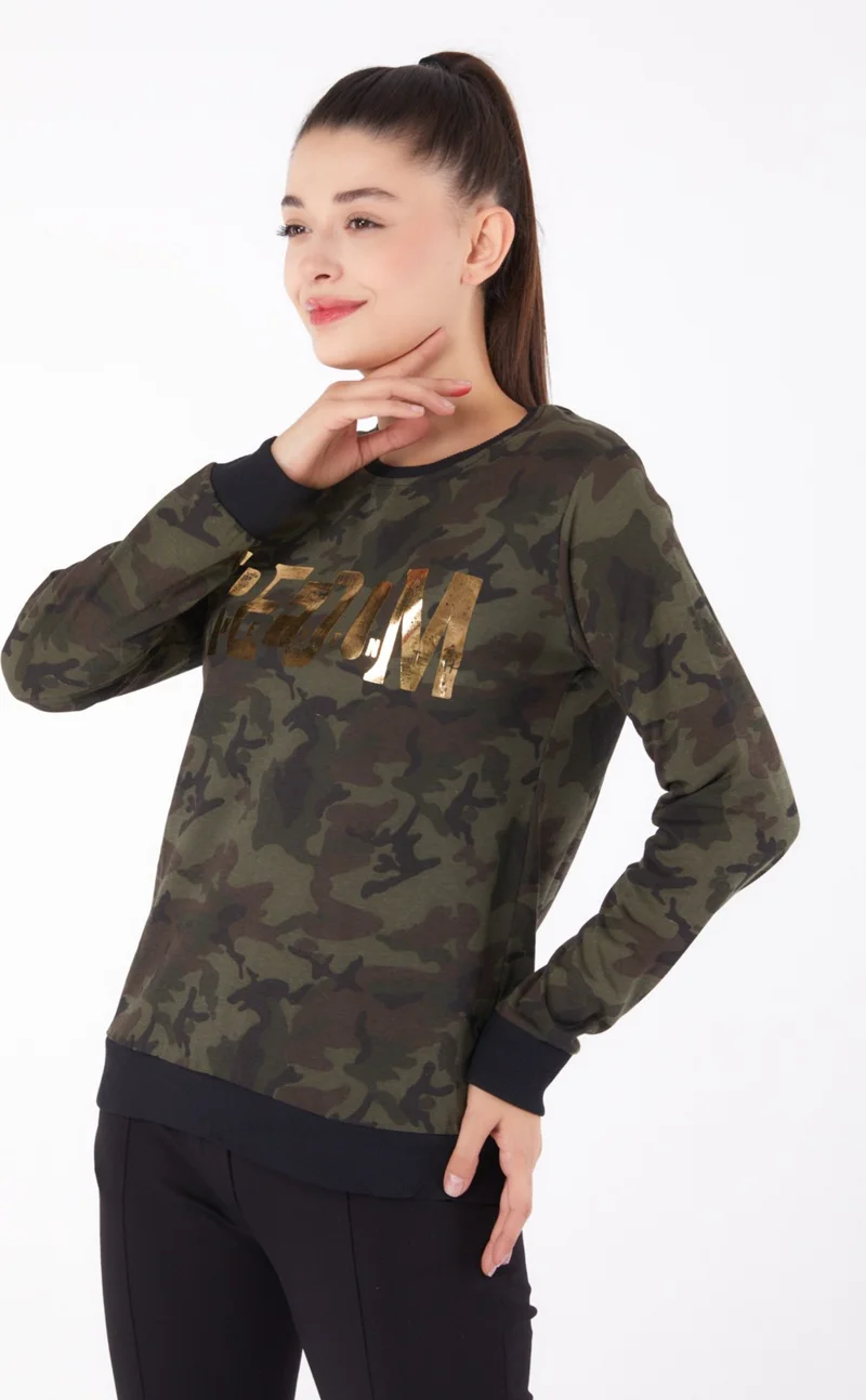 Tofisa Plain Crew Neck Women's Khaki Printed Sweatshirt - 26294