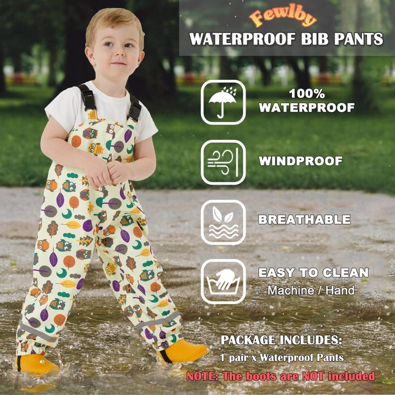 Fewlby Toddlers Waterproof Rain Bib Pants, Boys Rain Pants Kids Cartoon Rain Trousers Lightweight Mud Pants Rainwear - Image 2