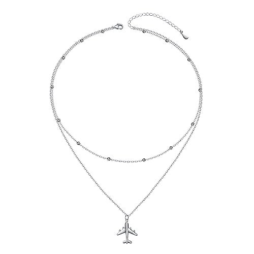 FLYOW Airplane Necklace 925 Sterling Silver Layered Choker Necklace for Women Mother Daughter Best Gifts for Stewardess Flight Attendants Pilots Airplane Jewelry Souvenirs Layered Necklace - Image 1